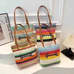 Summer Striped Straw Woven Tote Bag Women Large Capacity Beach Shoulder Bag Multicolor Letter Embroidery Shopping Bag