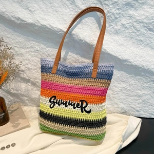 Colorful striped straw tote bag with Summer embroidery and brown leather handles