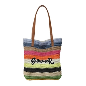 Rainbow striped straw tote bag with brown straps and black SUMMER embroidery on white background