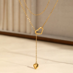 Double Layered Heart Pendant Necklace Stainless Steel Hollow And Solid Heart Long Chain Elegant Jewelry For Women