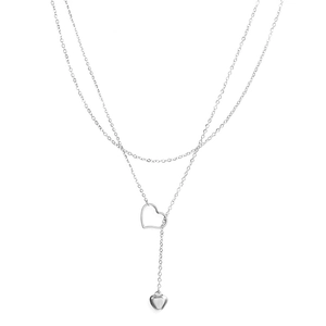 Elegant double layered silver heart necklace with hollow and solid pendant for women