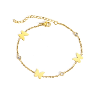 Elegant gold titanium steel bracelet with butterfly charms and clear zircon stones