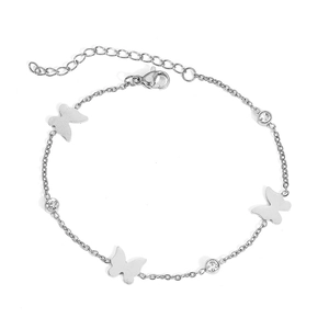 Silver chain bracelet featuring butterfly charms and round rhinestones with lobster clasp