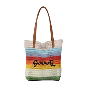 Sac fourre-tout tissé à rayures arc-en-ciel avec broderie SUMMER et anses en similicuir