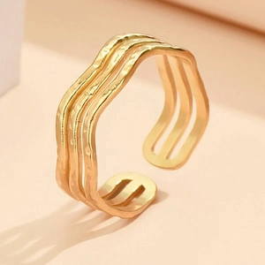 Three-layer gold wave stackable open ring in polished minimalist stainless steel style
