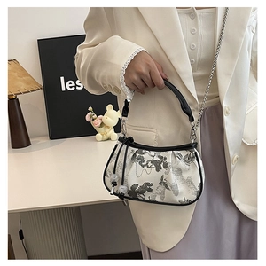 Detail of Chinese style embroidery floral handbag with metal chain and bead drawstring