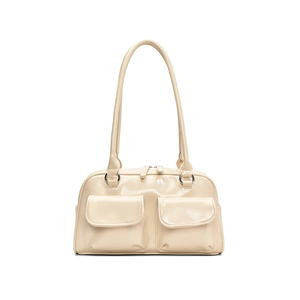 Retro cream faux leather underarm bag with double front pockets and twin shoulder straps