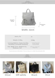 Detailed size guide for versatile PU leather backpack with dimensions and color options
