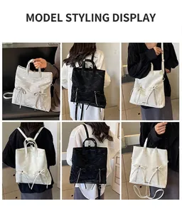 Detail shots showing the textured backpack with bow knots and versatile carrying options