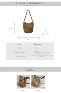 Détail du sac seau en paille tressée avec dimensions 27x23x19cm et design d'été léger