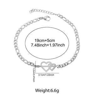 Silver Figaro chain bracelet with interlocking double hearts, length 19cm plus 5cm extension