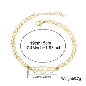 Detail of 18K gold Figaro chain bracelet with heart-EKG charms and size measurements