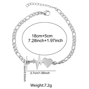 Silver Figaro chain bracelet featuring a heart and heartbeat charm with size dimensions