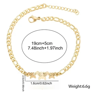 Detailed view of 18K gold Figaro chain anklet with three hollow butterfly charms and measurements