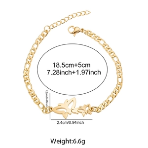 Detailed view of 18K gold Figaro chain bracelet with hollow butterfly pendant and dimensions