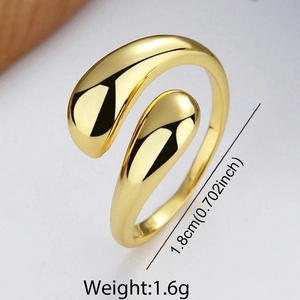 Macro shot of gold teardrop open ring showing 1.8cm diameter and 1.6g weight details