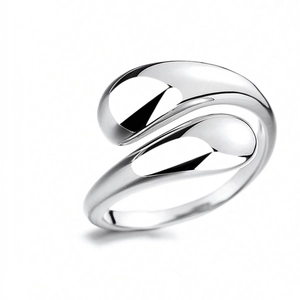 Polished silver geometric teardrop open ring with minimalist double-layered curved design