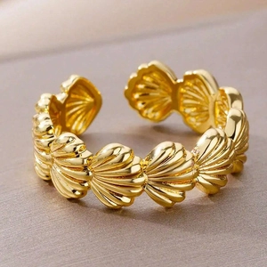 Minimalist 18K gold stainless steel open ring with ocean style shell pattern design