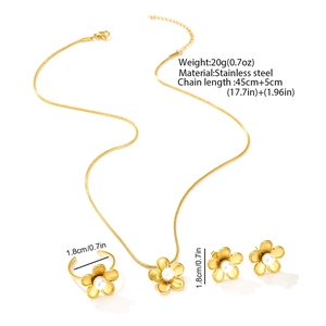 Detail view of 18k gold plated stainless steel flower jewelry set with pearls