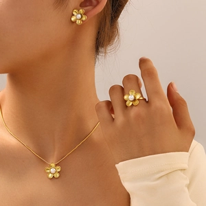 Stainless Steel Flower Necklace Stud Earrings Adjustable Ring With Faux Artificial Pearl Elegant Vintage Floral Jewelry For Women