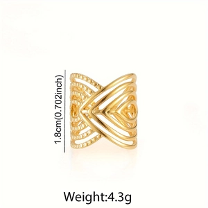 Detail showing gold wide layered geometric ring with size 1.8cm and weight 4.3g specs