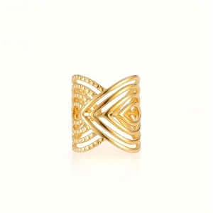 Detailed view of the gold-plated hollow geometric ring with V-shaped lines and beaded texture