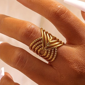 Stainless Steel Geometric Hollow Wide Band Ring Multi Layer V Shape Minimalist Cross Jewelry For Women