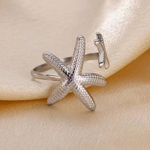 Detailed close-up of a silver starfish open ring featuring textured marine relief details
