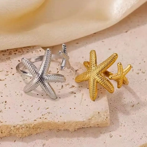 Minimalist stainless steel open starfish ring set with textured gold and silver finish