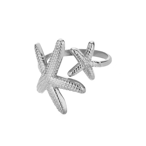 Detail of silver starfish ring with textured granules and adjustable open band design