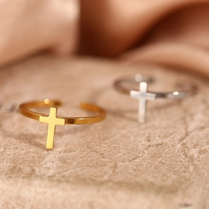 Minimalist stainless steel cross open ring in gold and silver finish with polished surface