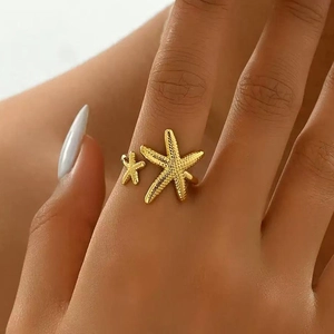 Starfish Open Ring Stainless Steel Adjustable Textured Double Sea Star Ocean Style Beach Jewelry Summer Trendy For Women