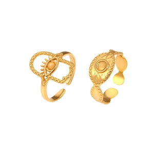 Golden Hamsa hand and Evil Eye open ring set with intricate sunburst patterns