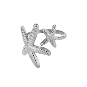 Minimalist silver stainless steel open ring with dual starfish texture design