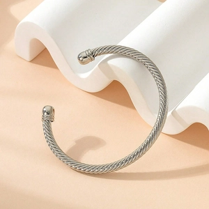 Elegant silver stainless steel twisted cable open cuff bracelet with bulbous end caps