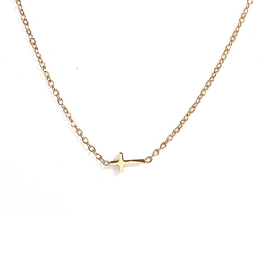 Minimalist gold stainless steel necklace with a horizontal cross pendant on white background