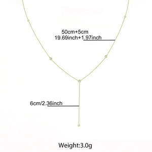 Detailed dimensions of gold Y-shaped lariat necklace with zircon accents on white background