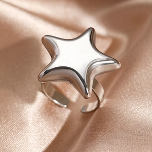 Polished silver stainless steel puffy star open ring on champagne silk background