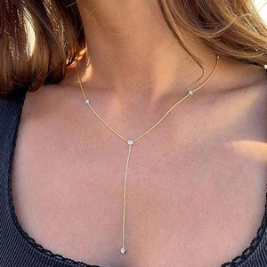 Stainless Steel Y-Shaped Lariat Necklace Geometric Zircon Pendant Minimalist Dainty Clavicle Chain Jewelry For Women