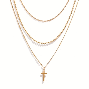 Collier multicouche en acier inoxydable doré avec chaîne à vagues et pendentif croix