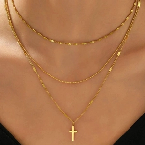 Collier Multi Rangs En Acier Inoxydable Pendentif Croix Minimaliste Chaîne Perles Bijoux De Mode Pour Femmes Hommes