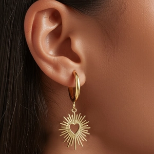 Boucles D'oreilles Créoles Pendantes Coeur Soleil En Acier Inoxydable Bijoux Mode Pour Femmes Style Bohème
