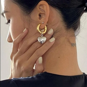 Stainless Steel Two Tone Heart Pendant Hoop Earrings For Women Minimalist Contrast Color Polished Dangle Ear Jewelry