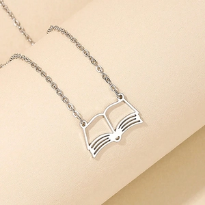 Minimalist stainless steel open book pendant necklace with silver link chain