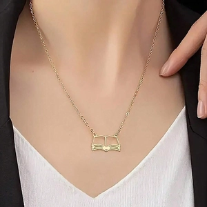 Stainless Steel Open Book Pendant Necklace Hollow Literary Jewelry Minimalist Fashion Personalized Accessory