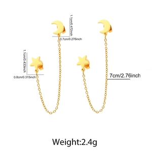 Detail showing dimensions of gold moon and star tassel earrings with chain and studs
