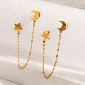 Golden stainless steel crescent moon and star tassel earrings with long chains