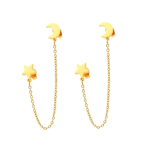Golden crescent moon and star fringe earrings with delicate hanging chains for women
