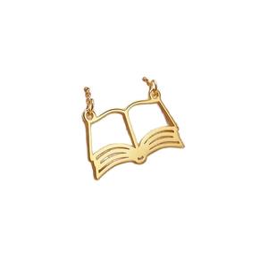 Minimalist gold hollow book pendant necklace with open pages design on white background