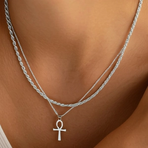 Silver stainless steel double layer necklace with Ankh cross pendant and twisted rope chain